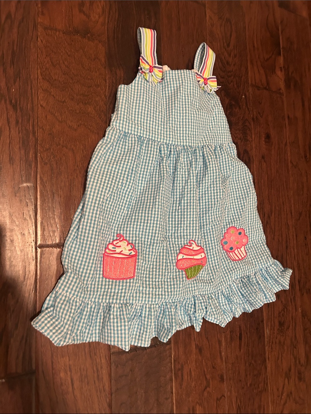 Emily Rose Blue Gingham Cupcake Sundress with Striped Bow Straps
